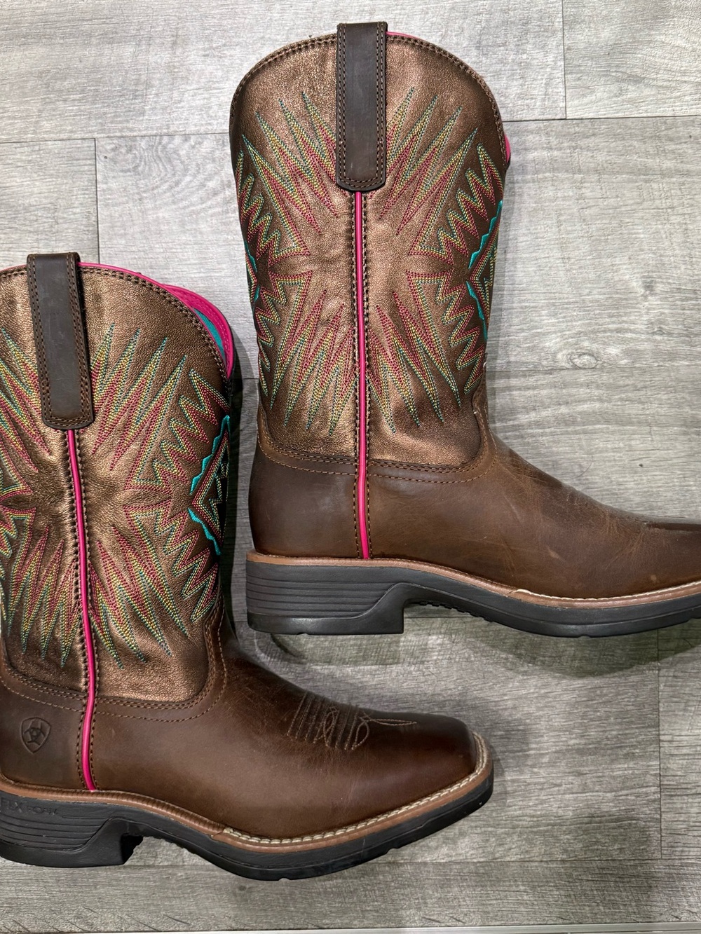 Ariat Brown Leather Lace-Up Western Boots with Pink & Teal Accents